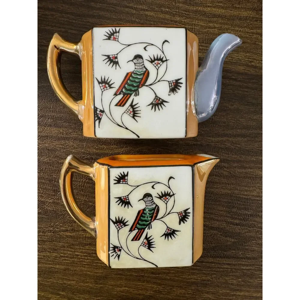 Vintage Japanese Handpainted Porcelain Bird Motif Mini Creamer Tea Pour Cups